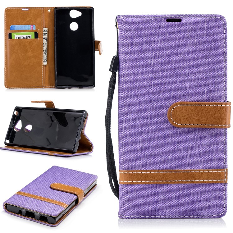 Bi-color Jean Cloth Wallet Leather Stand Mobile Casing for Sony Xperia XA2 - Purple-1