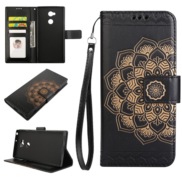 Imprinted Mandala Pattern PU Leather Wallet Case with Strap for Sony Xperia XA2 Ultra - Black-1