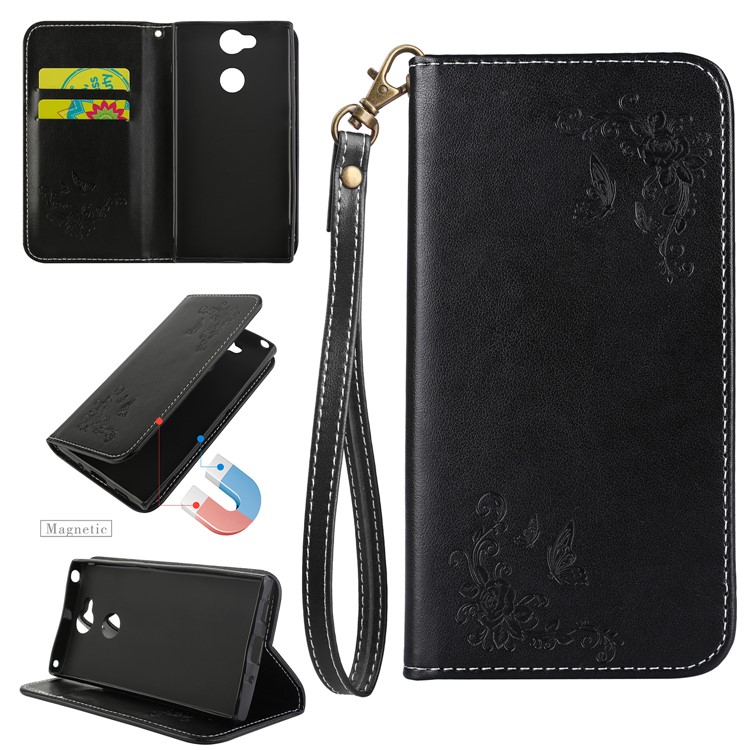 Imprinted Flower Pattern Leather Card Holder Case for Sony Xperia XA2 - Black-1