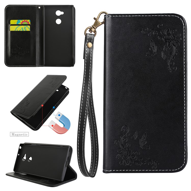 Imprint Butterfly Flower Auto-absorbed Leather Stand Case for Sony Xperia XA2 Ultra - Black-1