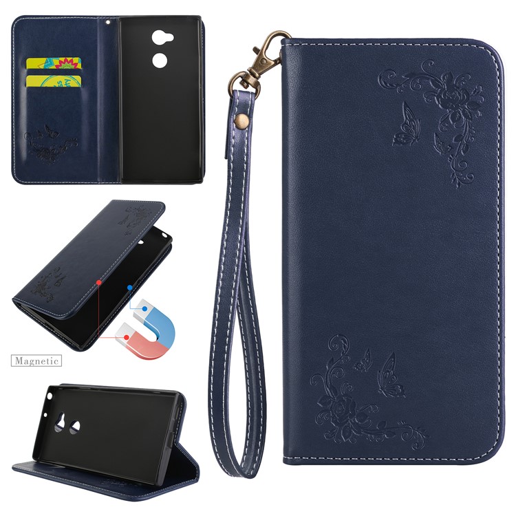 Imprint Butterfly Flower Auto-absorbed Leather Case Accessory for Sony Xperia XA2 Ultra - Dark Blue-1