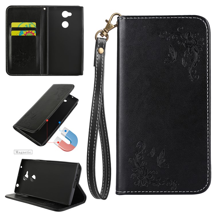 Auto-absorbed Imprint Butterfly Flower Leather Card Slots Case for Sony Xperia L2 - Black-1