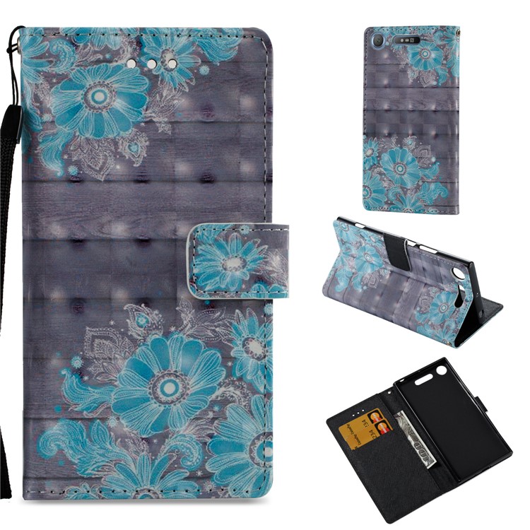 3D Pattern Printing Wallet Stand Leather Case for Sony Xperia XZ1 - Blue Flower-1