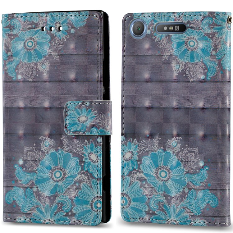 3D Pattern Printing Wallet Stand Leather Case for Sony Xperia XZ1 - Blue Flower-4