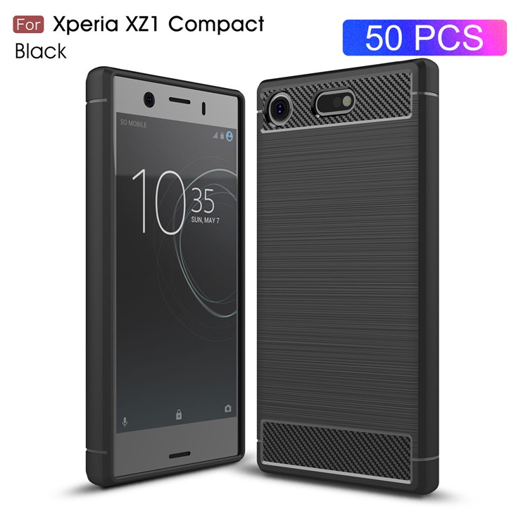 50Pcs/Lot Carbon Fiber Texture Brushed TPU Back Case for Sony Xperia XZ1 Compact - Black-1
