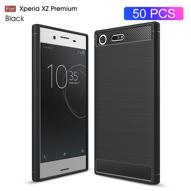 50Pcs/Set Carbon Fiber Texture Brushed TPU Back Case for Sony Xperia XZ Premium - Black-1