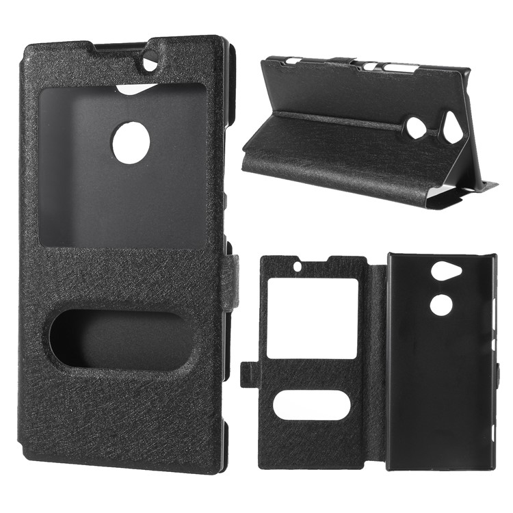 Silk Texture Dual Windows Leather Stand Case for Sony Xperia XA2 - Black-1