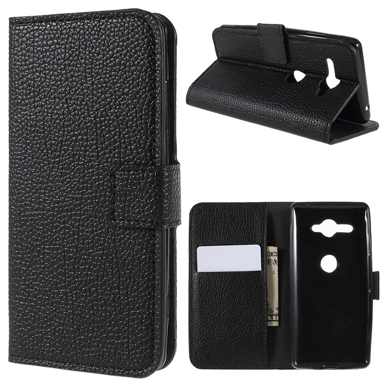 Litchi Grain Leather Wallet Stand Mobile Case for Sony Xperia XZ2 Compact - Black-1