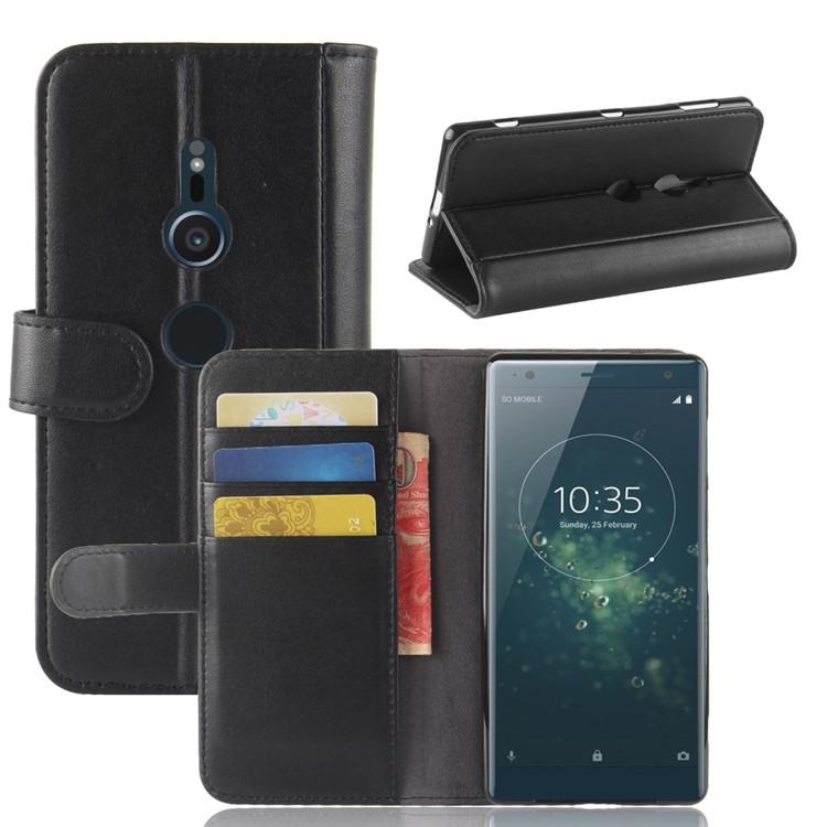 Genuine Split Leather Wallet Stand Case for Sony Xperia XZ2 - Black-1