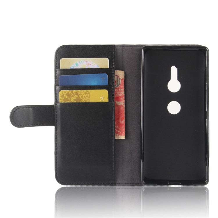 Genuine Split Leather Wallet Stand Case for Sony Xperia XZ2 - Black-4