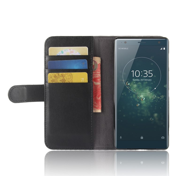 Genuine Split Leather Wallet Stand Case for Sony Xperia XZ2 - Black-5