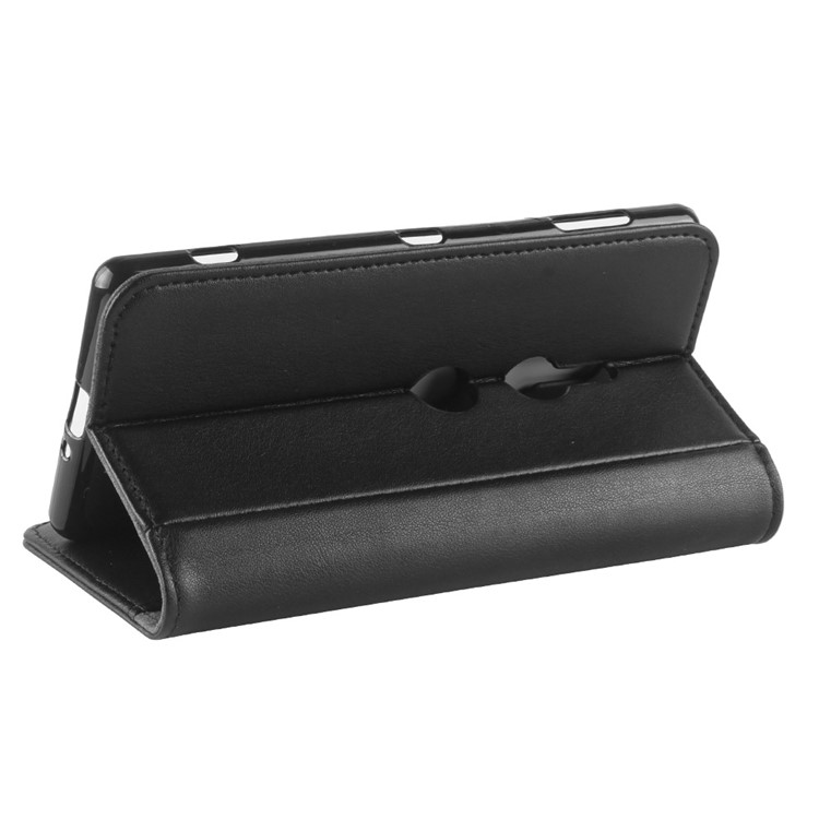 Genuine Split Leather Wallet Stand Case for Sony Xperia XZ2 - Black-6