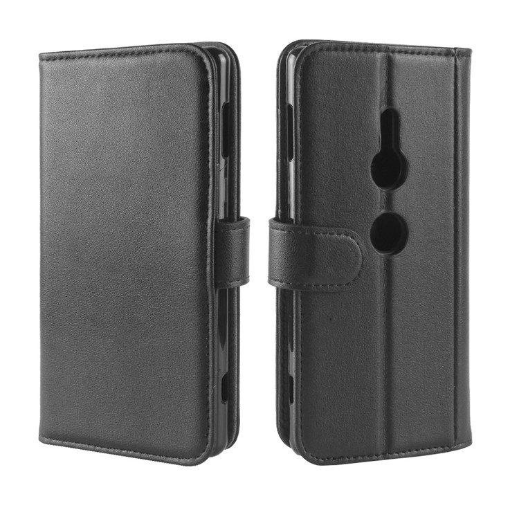 Genuine Split Leather Wallet Stand Case for Sony Xperia XZ2 - Black-8