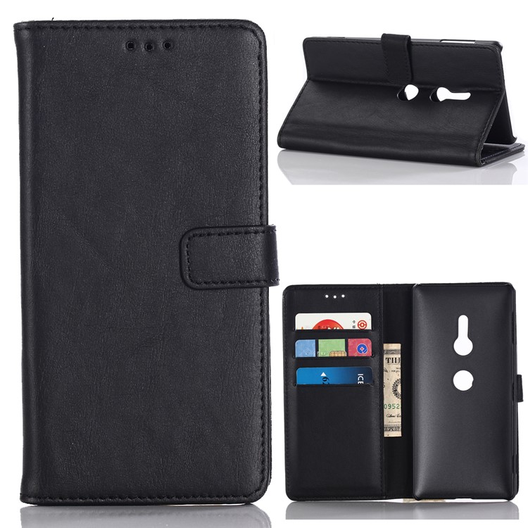 Crazy Horse Texture Retro Style Leather Wallet Stand Case for Sony Xperia XZ2 - Black-1