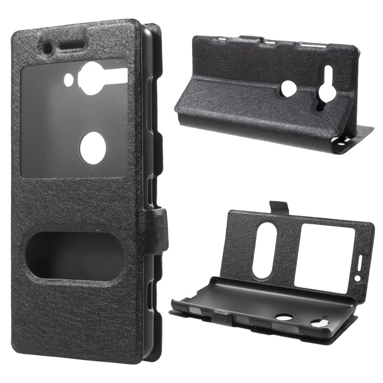 Silk Texture Dual Window Leather Case with Stand for Sony Xperia XZ2 Compact - Black-1