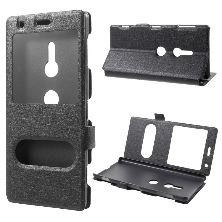 For Sony Xperia XZ2 Silk Texture Dual Window Leather Stand Case - Black-1