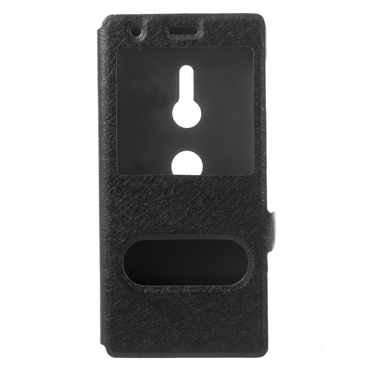 For Sony Xperia XZ2 Silk Texture Dual Window Leather Stand Case - Black-3