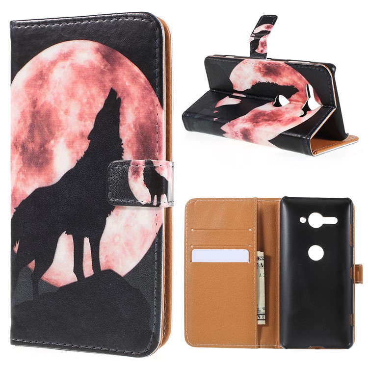 Pattern Printing Leather Card Holder Case for Sony Xperia XZ2 Compact - Wolf Howling at the Moon-1