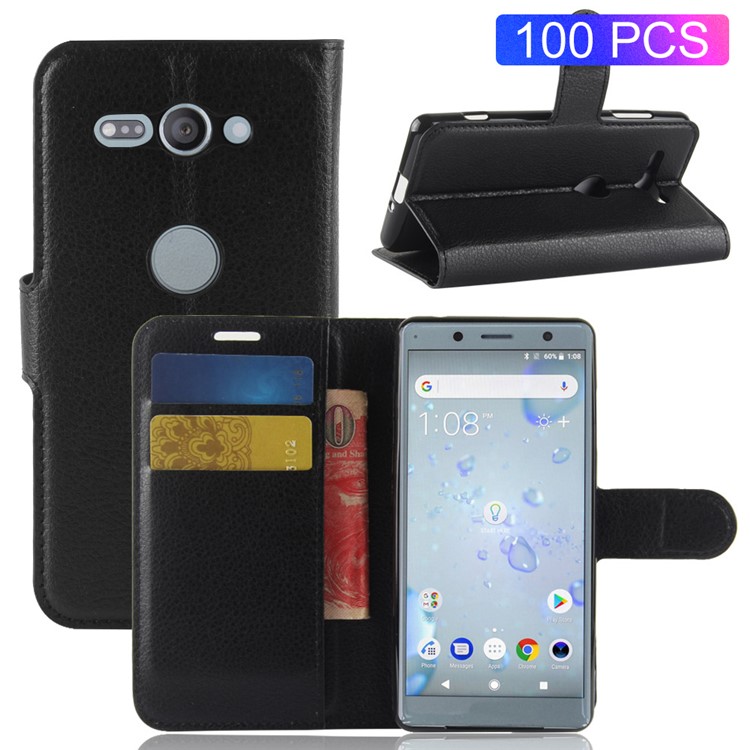 100Pcs/Set Litchi Grain Wallet Stand Leather Case for Sony Xperia XZ2 Compact - Black-1