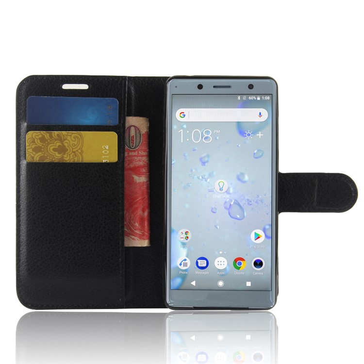 100Pcs/Set Litchi Grain Wallet Stand Leather Case for Sony Xperia XZ2 Compact - Black-4