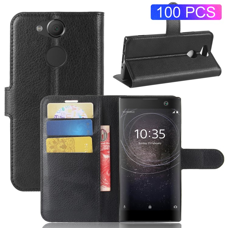 100Pcs/Set Litchi Grain Wallet Stand Leather Case for Sony Xperia XA2 - Black-1
