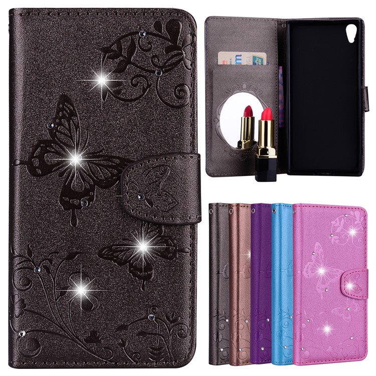 Imprinted Butterfly Flower Pattern Rhinestone PU Leather Wallet Phone Case for Sony Xperia L1 - Black-1