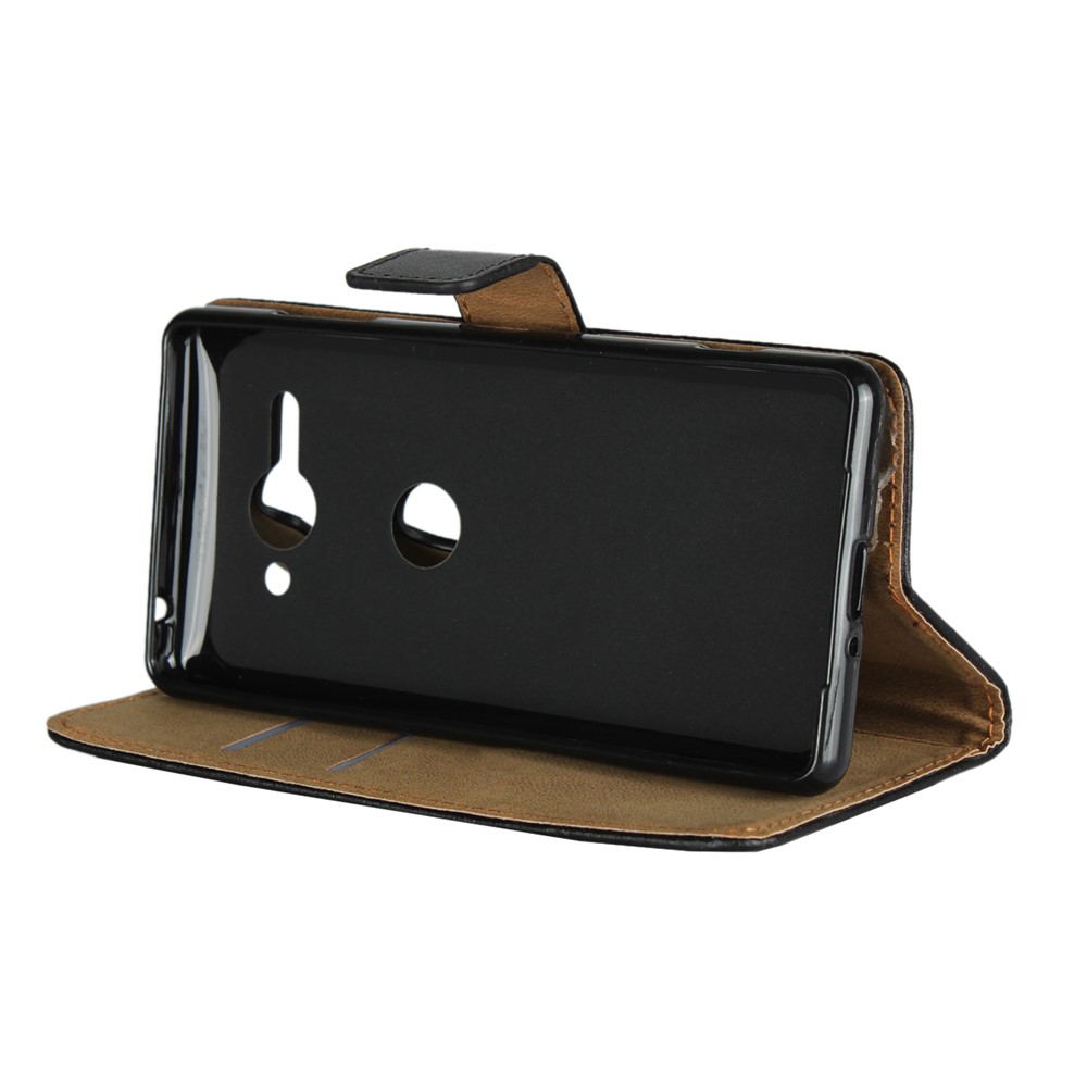 Case de Teléfono de Soporte de Billetera de Cuero Genuino Para Sony Xperia XZ2 Compact - Negro