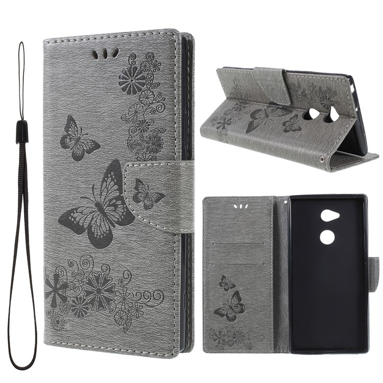Imprint Butterfly Flowers Magnetic Wallet Leather Stand Cell Phone Case for Sony Xperia XA2 Ultra - Grey-1