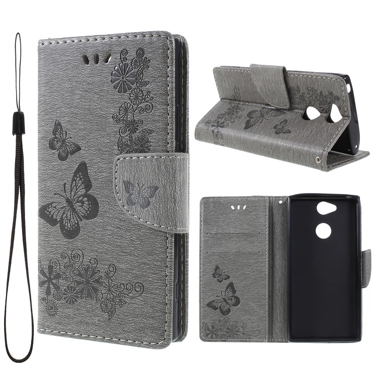 For Sony Xperia XA2 Imprint Butterfly Flowers Leather Stand Wallet Cover - Grey-1