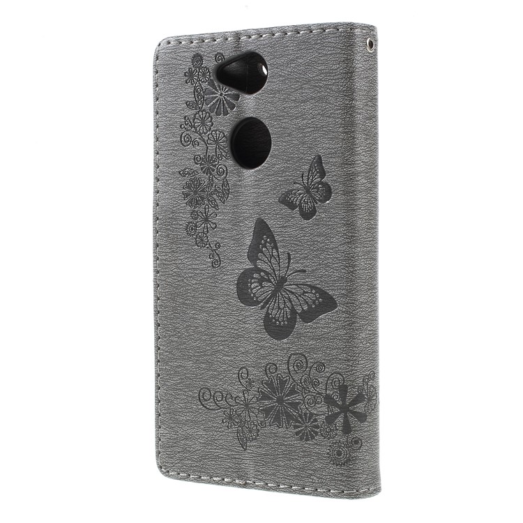 For Sony Xperia XA2 Imprint Butterfly Flowers Leather Stand Wallet Cover - Grey-2