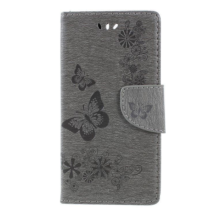 For Sony Xperia XA2 Imprint Butterfly Flowers Leather Stand Wallet Cover - Grey-3