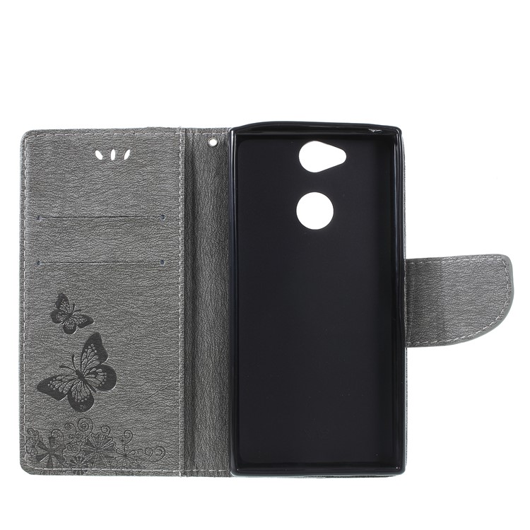 For Sony Xperia XA2 Imprint Butterfly Flowers Leather Stand Wallet Cover - Grey-6