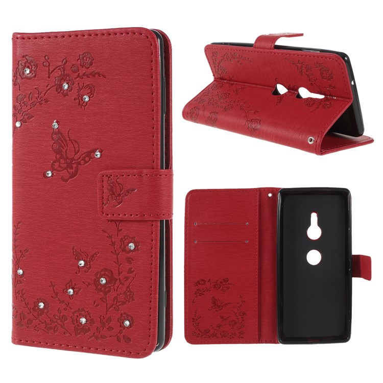 Imprint Butterfly Flower Rhinestone Decor Wallet Leather Case for Sony Xperia XZ2 - Red-1