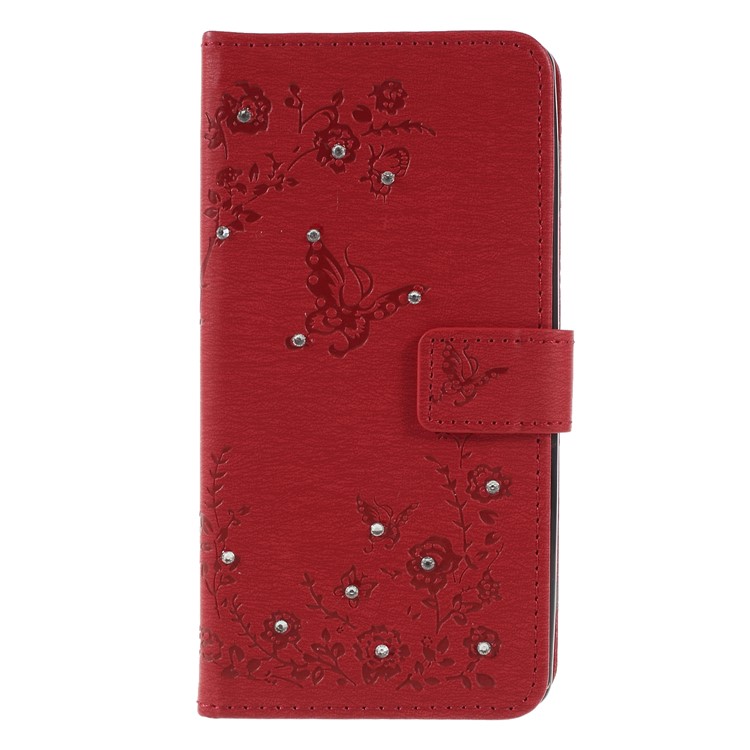 Imprint Butterfly Flower Rhinestone Decor Wallet Leather Case for Sony Xperia XZ2 - Red-3
