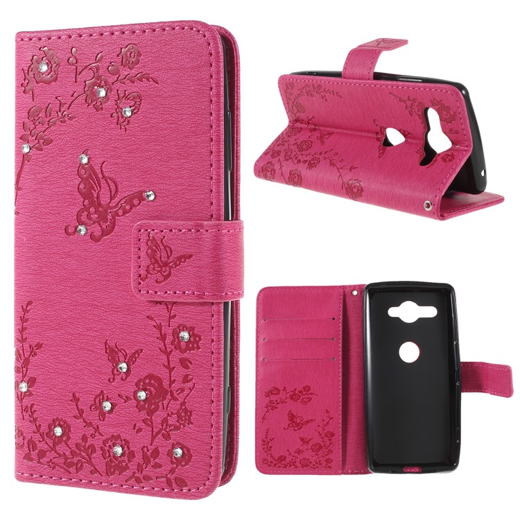 Imprint Butterfly Flower Rhinestone Decor Leather Wallet Phone Case for Sony Xperia XZ2 Compact - Rose-1