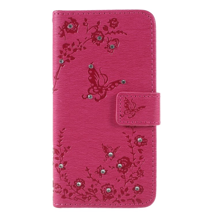 Imprint Butterfly Flower Rhinestone Decor Leather Wallet Phone Case for Sony Xperia XZ2 Compact - Rose-3