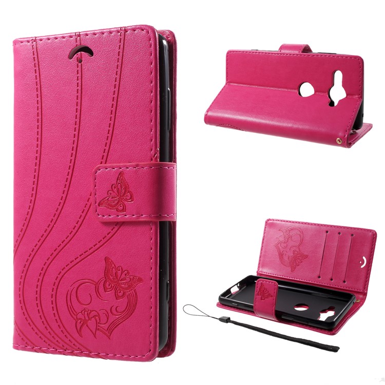 Imprint Butterfly Heart Leather Wallet Case for Sony Xperia XZ2 Compact - Rose-1