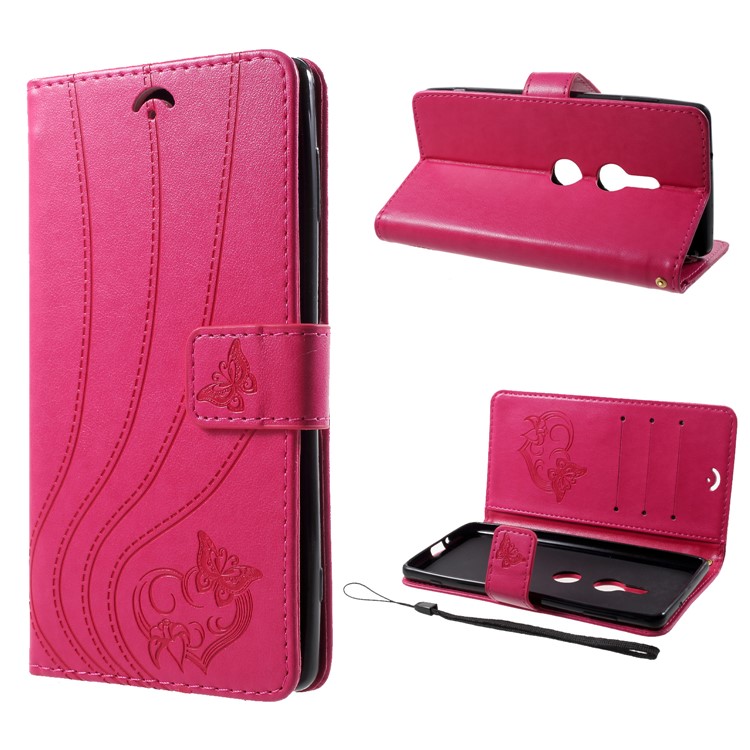 Imprint Butterfly Heart Leather Wallet Case for Sony Xperia XZ2 - Rose-1