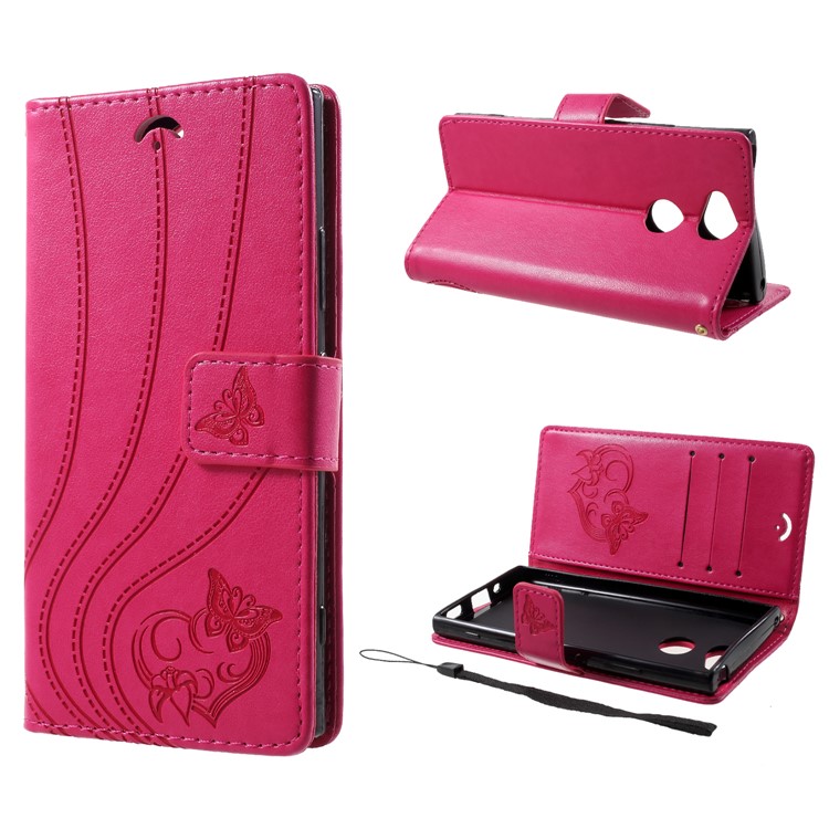 Imprint Butterfly Heart Leather Wallet Case for Sony Xperia XA2 - Rose-1