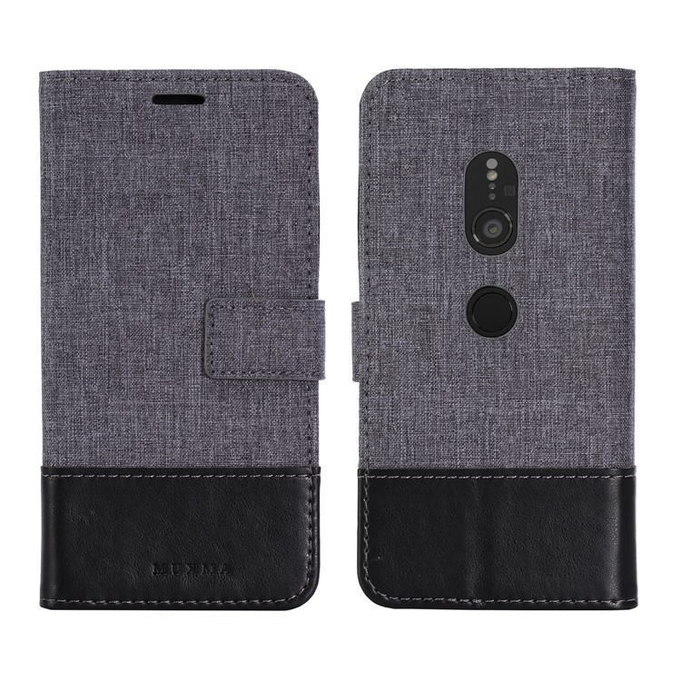 MUXMA PU Leather Canvas Splicing Wallet Stand Case for Sony Xperia XZ2 - Black-1