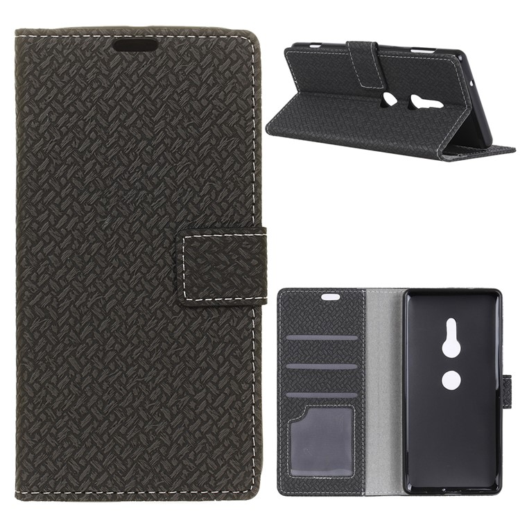 Woven Pattern Leather Wallet Case for Sony Xperia XZ3 - Black-1