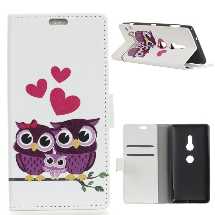 Pattern Printing Stand Leather Wallet Mobile Case for Sony Xperia XZ3 - Sweet Owl Family-1