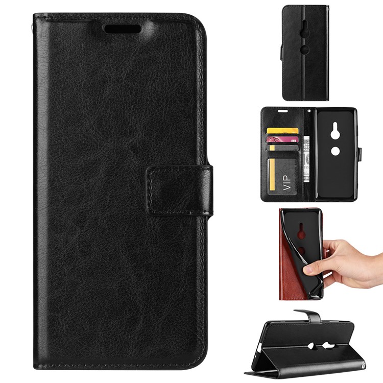 Crazy Horse Leather Wallet Casing for Sony Xperia XZ3 - Black-1