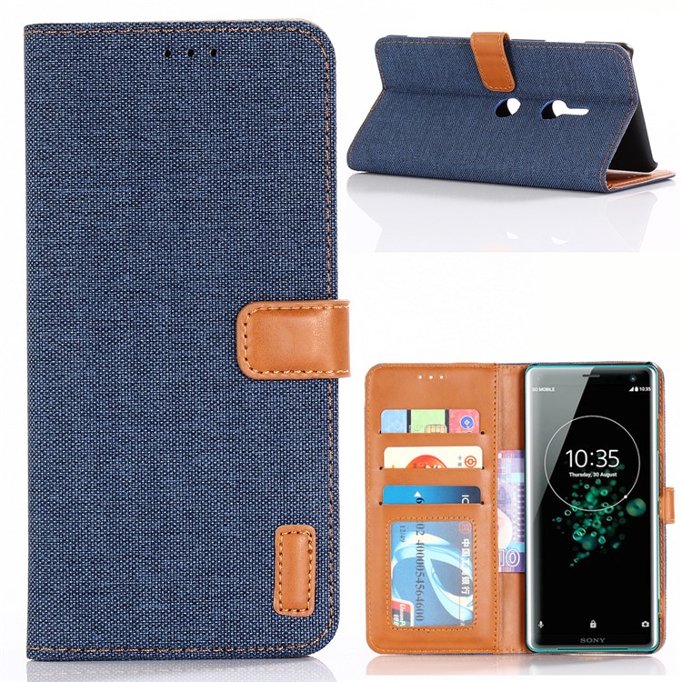 Oxford Cloth Leather Wallet Stand Case for Sony Xperia XZ3 - Dark Blue-1