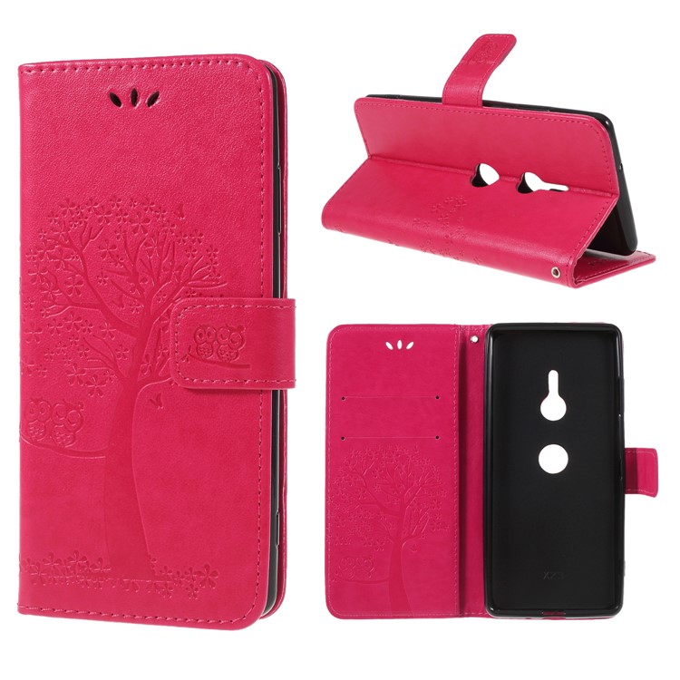 Imprint Tree Owl Wallet Magnetic Leather Case with Lanyard for Sony Xperia XZ3 - Rose-1