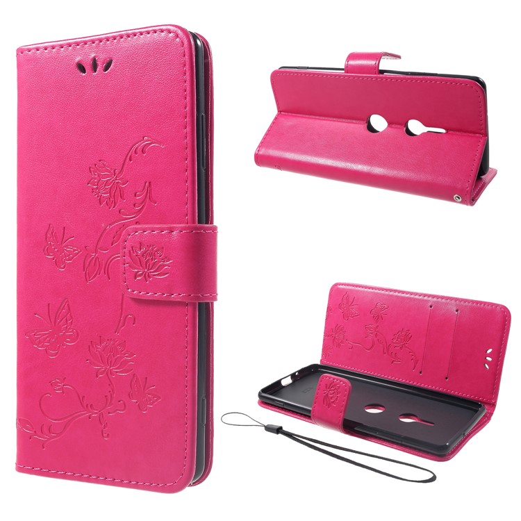 Imprint Butterfly Flower Magnetic Wallet PU Leather Stand Cover for Sony Xperia XZ3 - Rose-1