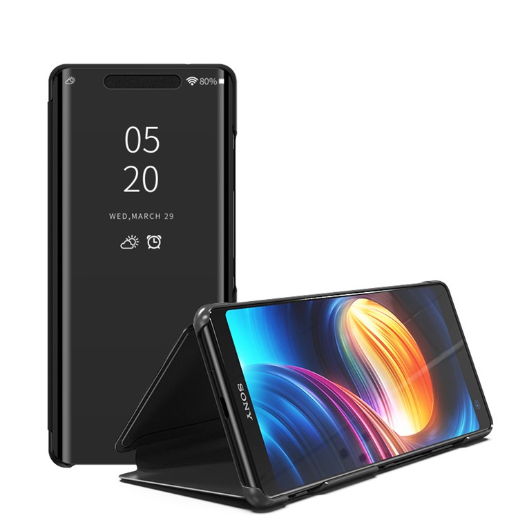 Case de Cuero Para Sony Xperia XZ3 [surface de Espejo Platado] [vista de Vista] [Stand] - Negro