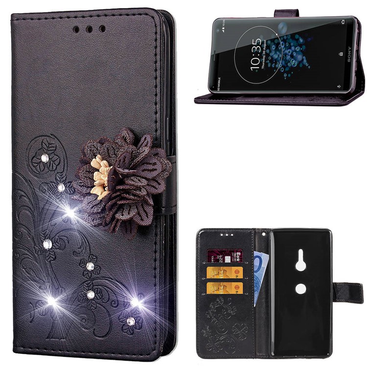 For Sony Xperia XZ3 3D Flower Leather Case / Wallet / Imprint Flower / Rhinestone Decor - Black-1