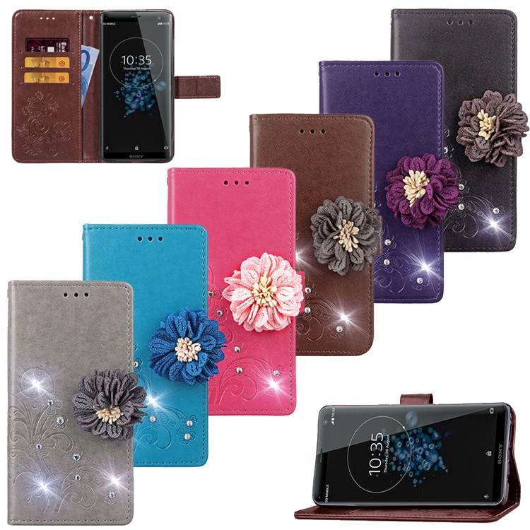 For Sony Xperia XZ3 3D Flower Leather Case / Wallet / Imprint Flower / Rhinestone Decor - Black-10