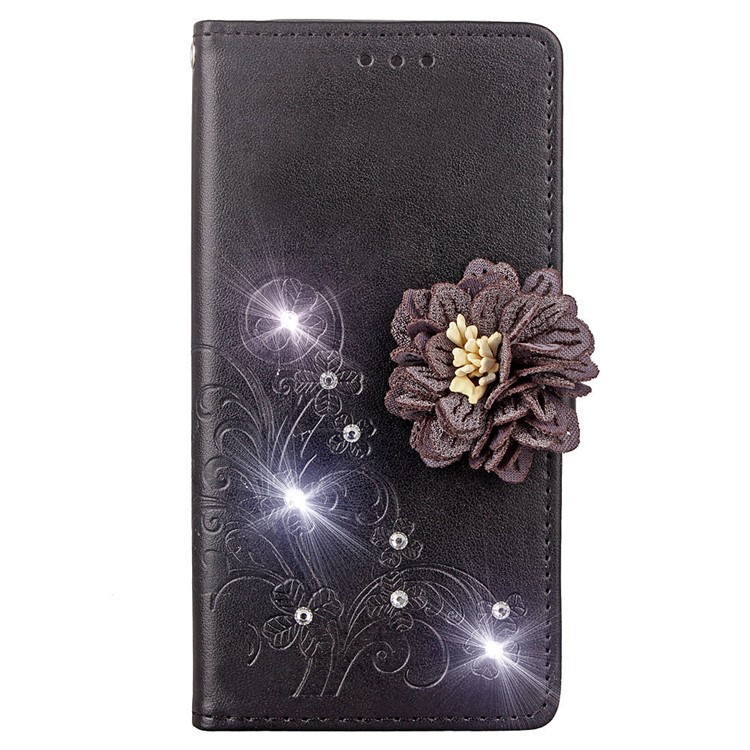 For Sony Xperia XZ3 3D Flower Leather Case / Wallet / Imprint Flower / Rhinestone Decor - Black-2